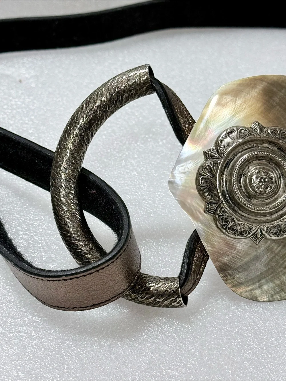 Vintage Artisan  Belt with Genuine Shell Buckle & Silver Metal Floral Conchos